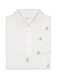 Alphauomo Beyaz Polo Yaka Yelken İşlemeli Pamuk Keten Regular Fit Tişört 