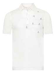 Alphauomo Beyaz Polo Yaka Yelken İşlemeli Pamuk Keten Regular Fit Tişört 