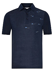 Alphauomo Lacivert Polo Yaka Yelken İşlemeli Pamuk Keten Regular Fit Tişört