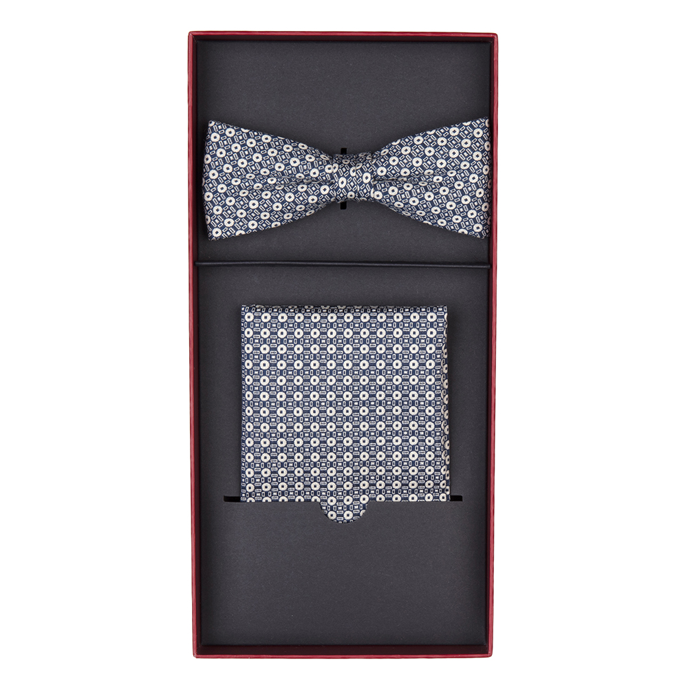Carl Gross - Carl Gross Navy White Pattern Bow Tie Handkerchief Set