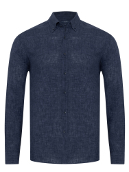 Germirli Indigo Navy Blue Delave Linen Button-down Collar Tailor Fit Shirt