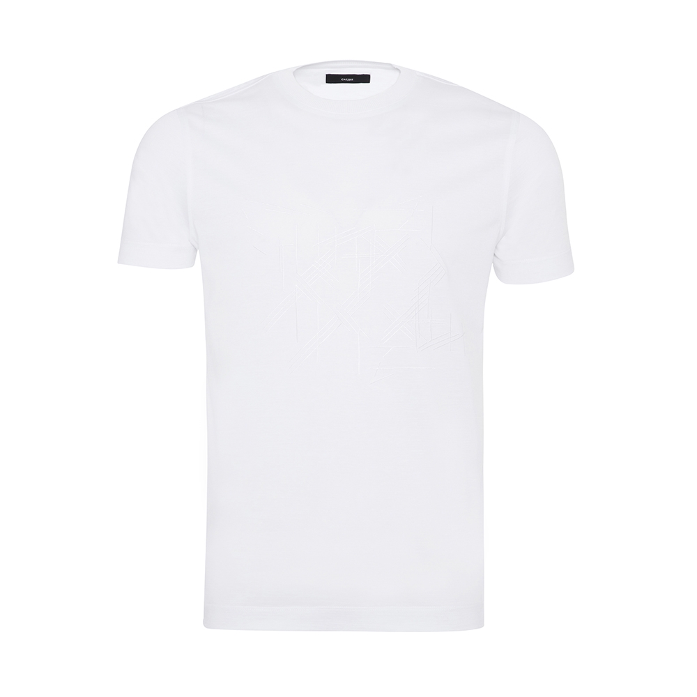 Gallus - Gallus Beyaz Filo Di Scozia Örme Bisiklet Yaka İşlemeli Slim Fit T-Shirt