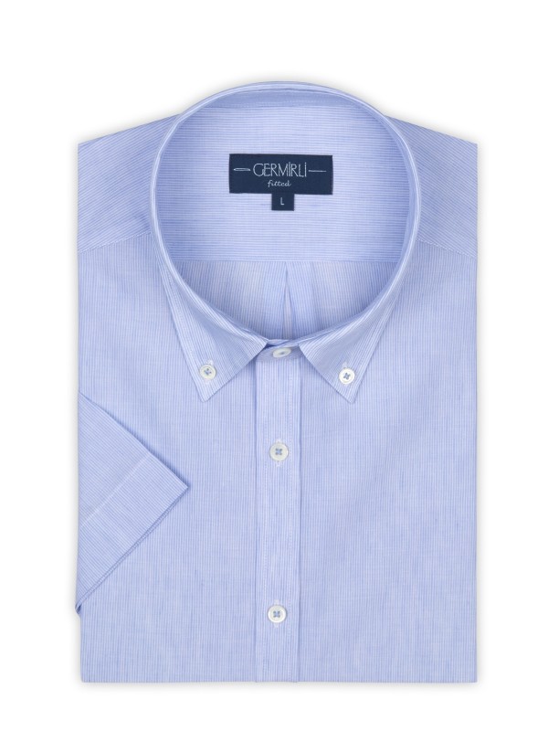 Germirli - Germirli Açık Mavi Beyaz Çizgili Keten Pamuk Kısa Kollu Düğmeli Yaka Tailor Fit Gömlek (1)
