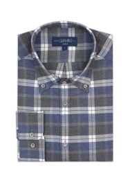 Germirli Antrasit Gri Mavi Ekoseli Flanel Düğmeli Yaka Tailor Fit Pamuk Oduncu Gömlek 