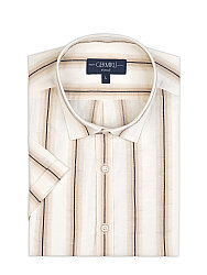 Germirli Bej Çizgili Soft Yaka Tailor Fit Kısa Kollu Pamuk Gömlek