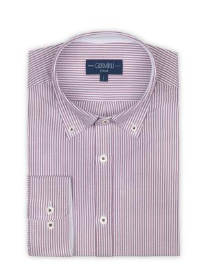 Germirli - Germirli Beyaz Bordo Panama Dokulu Çizgili Düğmeli Yaka Tailor Fit Gömlek (1)