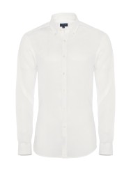 Germirli - Germirli Beyaz Keten Düğmeli Yaka Tailor Fit Gömlek