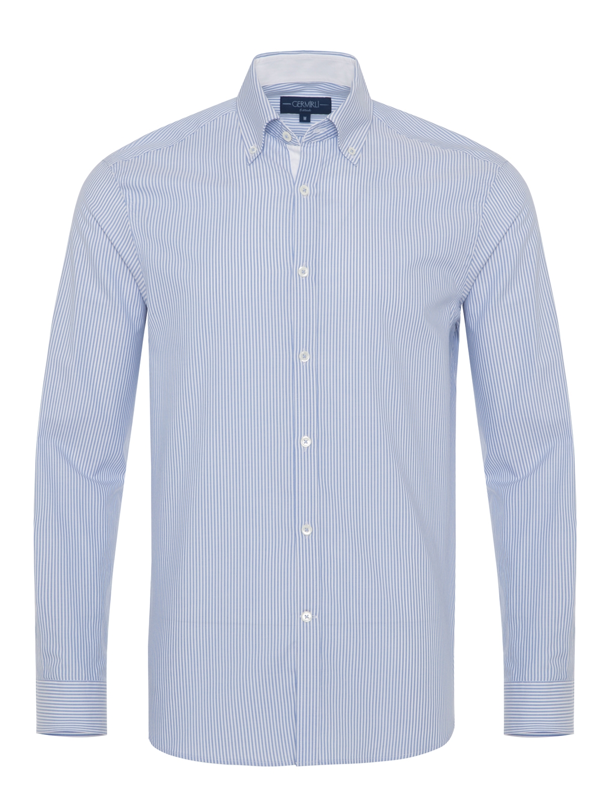 Germirli - Germirli Beyaz Mavi Panama Dokulu Çizgili Düğmeli Yaka Tailor Fit Gömlek