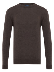 Germirli Bisiklet Yaka Regular Fit Kahve Melanj Extra Fine Merino Triko 