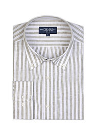 Germirli Haki Beyaz Çizgili Düğmeli Yaka Keten Gömlek