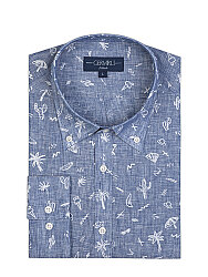 Germirli İndigo Desenli Düğmeli Yaka Tailor Fit Keten Gömlek