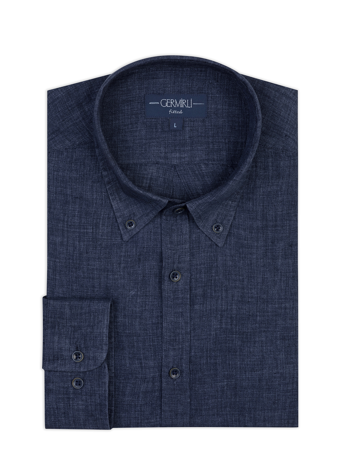 Germirli Indigo Lacivert Delave Keten Düğmeli Yaka Tailor Fit Gömlek - Germirli 