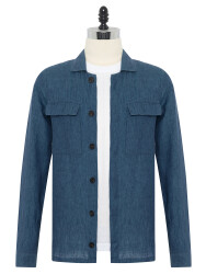 Germirli Indigo Mavi Gizli Düğme Delave Keten Tailor Fit Ceket Gömlek 