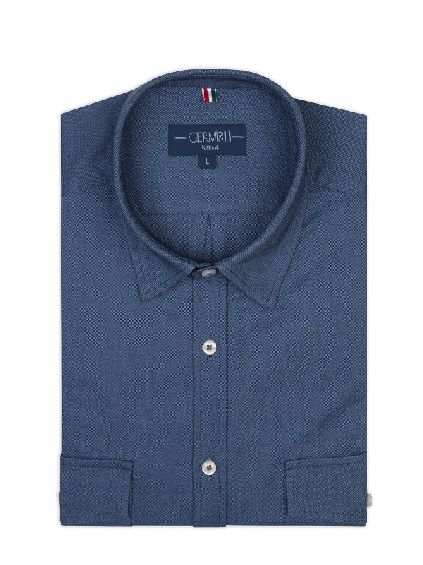 Germirli - Germirli İndigo Mavi Gizli Düğmeli Yaka Kapak Cepli Tailor Fit Spor Oxford Erkek Gömlek (1)