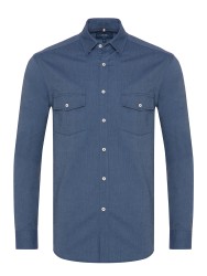 Germirli İndigo Mavi Gizli Düğmeli Yaka Kapak Cepli Tailor Fit Spor Oxford Erkek Gömlek 