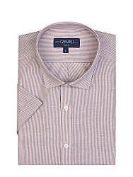 Germirli Kahverengi Soft Yaka Tailor Fit Kısa Kollu Pamuk Keten Gömlek