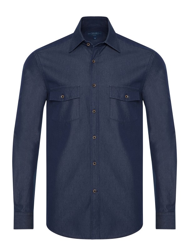 Germirli Koyu Lacivert Çift Cep Kapaklı Soft Yaka Tailor Fit Selvedge Denim Gömlek