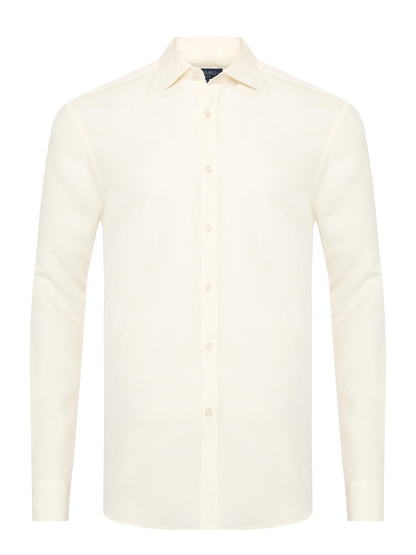 Germirli Krem Rengi Soft Yaka Tailor Fit Tencel Keten Gömlek