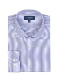 Germirli Lacivert Beyaz Çizgili Tailor Fit 120/2 Journey Twill Non Iron Pamuk İtalyan Yaka Gömlek 