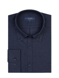 Germirli Lacivert Flanel Düğmeli Yaka Tailor Fit Pamuk Gömlek 
