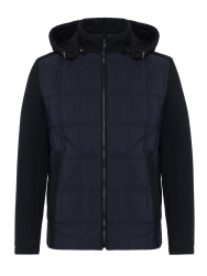 Germirli Lacivert Glencheck Desenli Kapişonlu Triko Kollu Mont