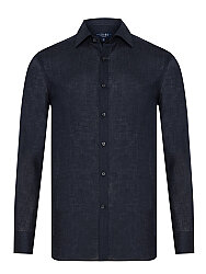 Germirli Lacivert Klasik Yaka Exclusive Tailor Fit Saf Keten Gömlek 