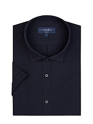 Germirli Lacivert Seersucker Soft Yaka Tailor Fit Kısa Kollu Pamuk Gömlek