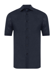 Germirli Lacivert Soft Yaka Tailor Fit Kısa Kol Keten Gömlek 