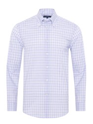 Germirli Lila Mavi Beyaz Kareli Düğmeli Yaka Tailor Fit Journey Twill Non Iron Pamuk Gömlek 