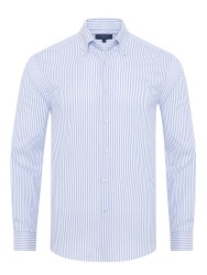 Germirli Mavi Beyaz Çizgili Dokulu Düğmeli Yaka Tailor Fit Erkek Gömlek - Germirli 