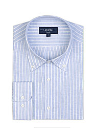 Germirli Mavi Beyaz Çizgili Düğmeli Yaka Saf Keten Gömlek