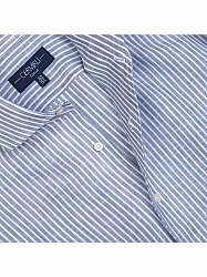 Germirli Mavi Beyaz Çizgili Nevapas Lapel Yaka Keten Gömlek