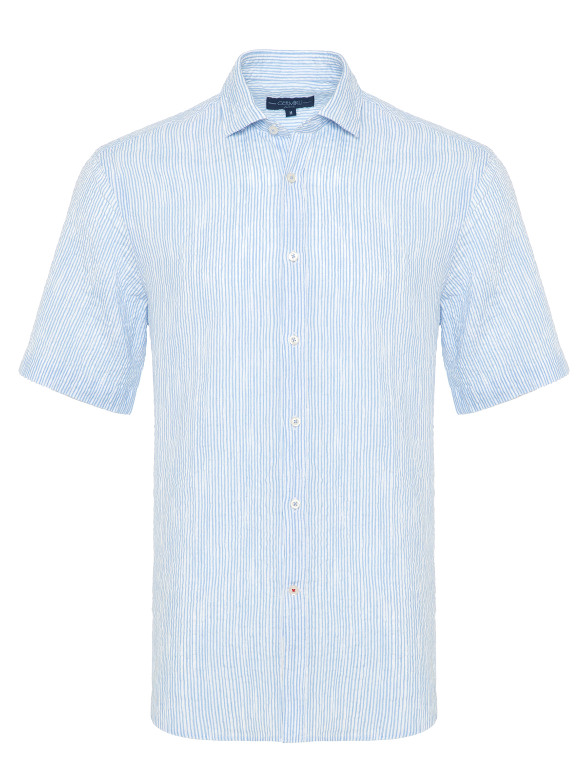 Germirli - Germirli Mavi Beyaz Çizgili Seersucker Kısa Kollu Tailor Fit Gömlek