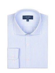 Germirli Mavi Beyaz Çizgili Tailor Fit 120/2 Journey Twill Non Iron Pamuk İtalyan Yaka Gömlek 