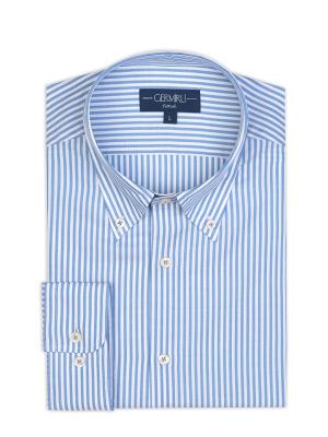 Germirli - Germirli Mavi Beyaz Panama Çizgili Düğmeli Yaka Tailor Fit Gömlek (1)