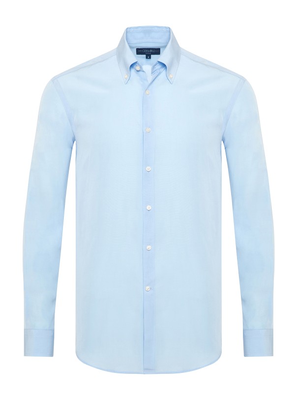 Germirli Mavi Düğmeli Yaka Tailor Fit Tencel Gömlek