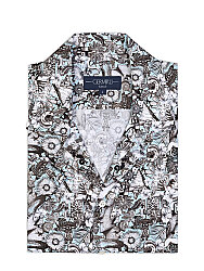 Germirli Mavi Etnik Desenli Hawaii Yaka Kısa Kollu Pamuk Gömlek