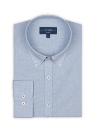 Germirli - Germirli Mavi İnce Kareli Düğmeli Yaka Tailor Fit Vual Gömlek (1)