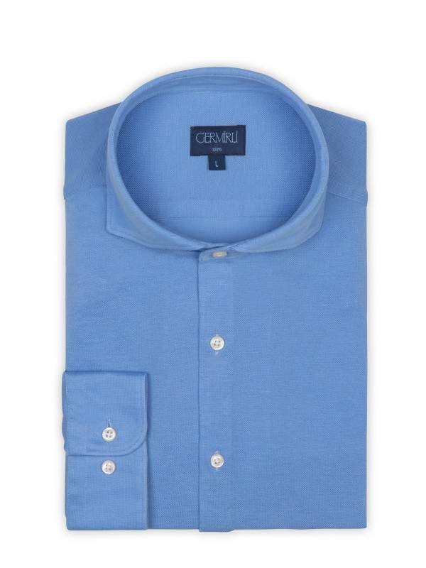 Germirli - Germirli Mavi Italyan Yaka Örme Slim Fit Gömlek (1)