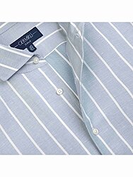 Germirli Mavi Kalın Çizgili Nevapas Lapel Yaka Lyocell Keten Gömlek