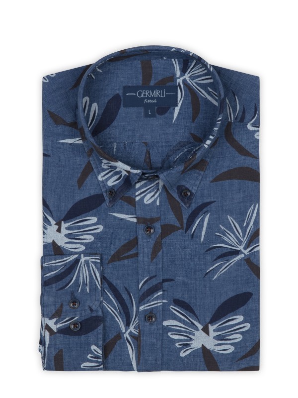 Germirli - Germirli Mavi Lacivert Çiçek Desen Delave Keten Düğmeli Yaka Tailor Fit Gömlek (1)