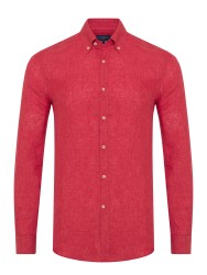 Germirli Nar Çiçeği Düğmeli Yaka Tailor Fit Delave Keten Gömlek