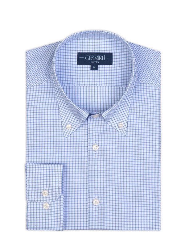 Germirli Non Iron Mavi Pitikare Desenli Düğmeli Yaka Tailor Fit Journey Kareli Gömlek