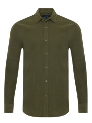 Germirli Olive Yeşil Soft Yaka Albini Tailor Fit Rahat Kalıp İnce Fitilli Kadife Gömlek 