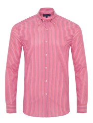 Germirli Pembe Mavi Çizgili Düğmeli Yaka Tailor Fit Vual Gömlek 