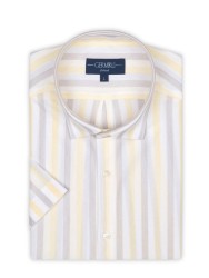Germirli - Germirli Sarı Beyaz Gri Çizgili Kısa Kollu Soft Yaka Örme Tailor Fit Gömlek (1)