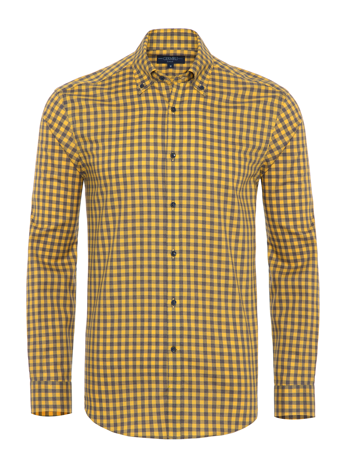 Germirli - Germirli Sarı Gri Kareli Düğmeli Yaka Tailor Fit Gömlek