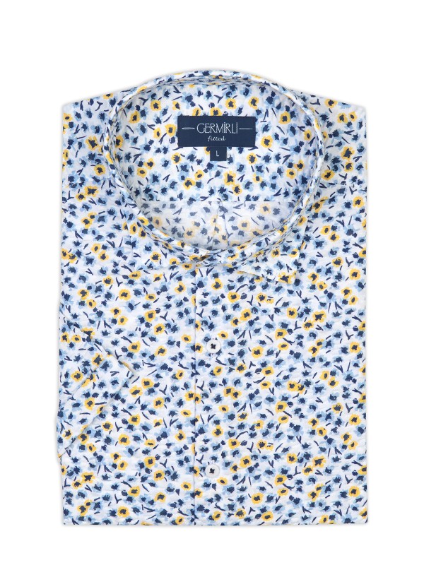 Germirli - Germirli Sarı Mavi Çiçek Desenli Kısa Kollu Soft Yaka Tailor Fit Seersucker Gömlek (1)