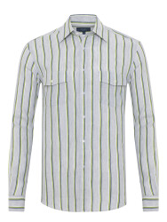 Germirli Soft Yaka Çift Kapak Cepli Tailor Fit Gri Yeşil Laci Çizgili Pamuk Keten Gömlek 