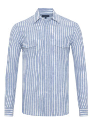 Germirli Soft Yaka Çift Kapak Cepli Tailor Fit İndigo Mavi Beyaz Çizgili Saf Keten Gömlek 